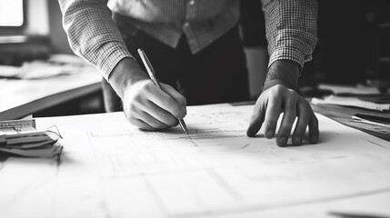 Aufkleber - Architect drawing plans on blueprint using ruler and pencil
