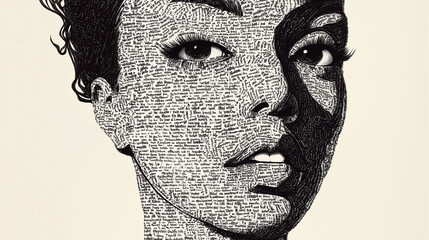 Poster - Woman face emerging from newspaper text art portrait