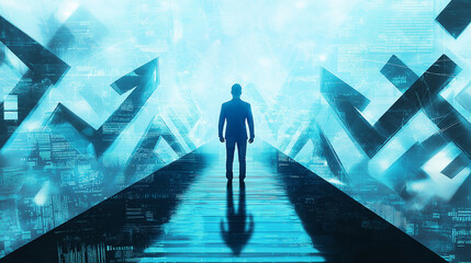 Poster - Businessman walking towards light with arrows pointing up