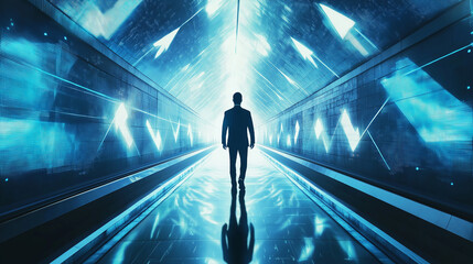 Aufkleber - businessman walking in futuristic tunnel with digital arrows pointing the way