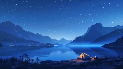 Wall Mural - Serene Lake Camping Under Starry Night Sky