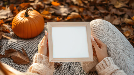 Poster - Woman holding a wooden frame with a pumpkin in autumn