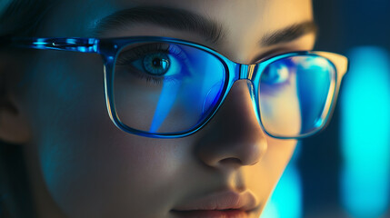 Poster - Young woman wearing blue light blocking glasses using computer in the dark
