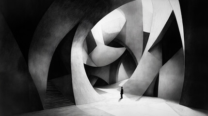 businessman standing in abstract concrete building looking at bright light