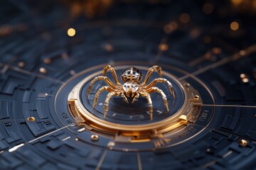 Poster - Golden Cyber Spider:  A mesmerizing, close-up shot of a golden spider perched on a futuristic, circular platform.
