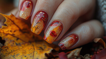 Aufkleber - Woman hand with beautiful autumn manicure holding fallen maple leaf