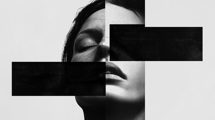 Poster - Woman face divided into four parts with black geometric shapes covering it