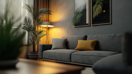 Poster - Modern living room interior with gray sofa and tropical plants