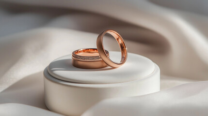 Aufkleber - Pair of elegant golden wedding rings on white podium on silk background