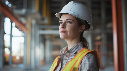 Aufkleber - Female engineer wearing hard hat looking up inspecting construction site