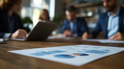 Poster - team meeting with charts and laptops in focus