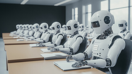 Poster - Robots sitting at desks working in an office setting