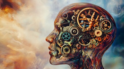 Poster - A digital illustration of a human head with gears and machinery inside, symbolizing the complexity and mechanisms of the human mind.