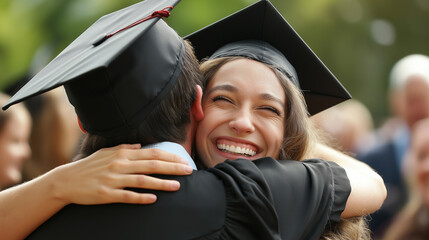 Poster - Happy graduate student hugging friend on graduation day