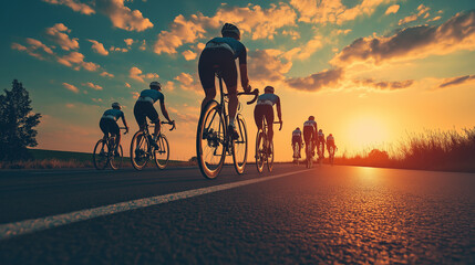 Group of cyclists cycling on the road at sunset