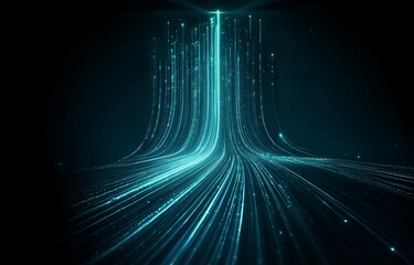 Poster - abstract background of glowing lines and particles in a dark teal blue.