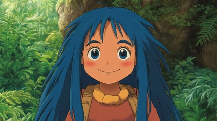 Poster - A whimsical scene featuring a bluehaired girl with a playful smile, exuding an air of mystery and charm.