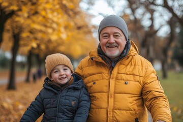 Happy senior father with his young son with Down syndrome embracing and sitting in park, Generative AI