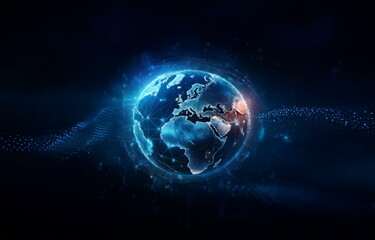 Poster - A glowing blue Earth globe is surrounded by a web of lines and points, set against a dark blue background.