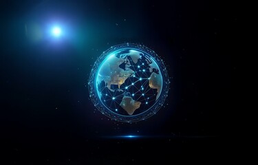 A stylized digital representation of Earth with a glowing outline and network lines connecting across the surface.