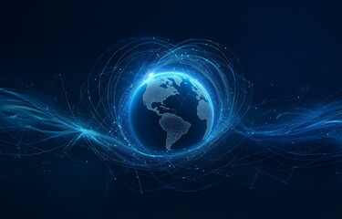 Poster - a stylized, digital rendering of the earth surrounded by a web of connected lines in a dark blue bac