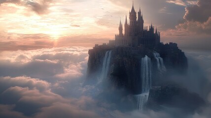 Wall Mural - Majestic Castle Perched on a Clifftop Amidst Clouds and Waterfalls