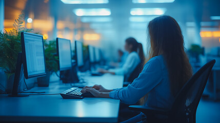Poster - A woman is sitting at a desk with a keyboard