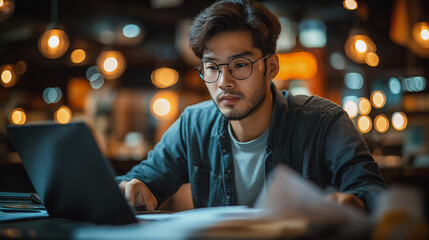 Poster - A man is sitting at a table with a laptop open in front of him