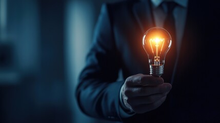 Canvas Print - Businessman Holding Light Bulb Symbolizing Ideas and Innovation