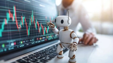 Poster - Futuristic Robot and Stock Market Data on Laptop