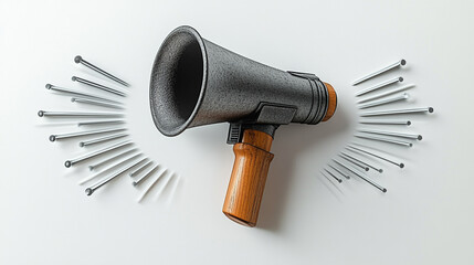 Vintage megaphone with wooden handle surrounded by nails.