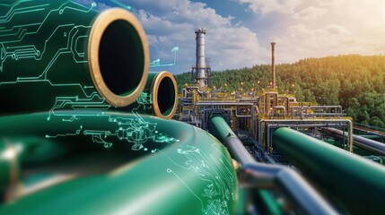 Poster - Industrial Pipes with Digital Circuit Overlay at Plant