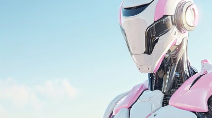 Poster - Futuristic Robot with Pink Accents Against Blue Sky