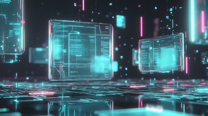 Poster - Abstract digital background with floating transparent cubes with neon lights.