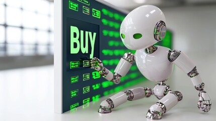 Poster - robot with buy button in modern digital environment