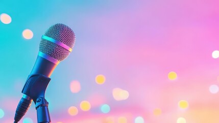 Wall Mural - experience the vibrant energy of karaoke night with a closeup microphone, colorful lights setting th
