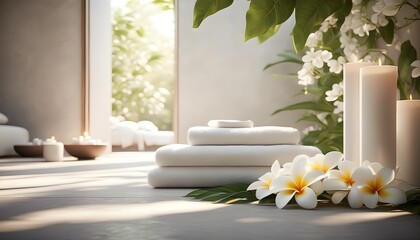 Wall Mural - Tranquil Spa Escape with Towels, Candles, and Fresh Flowers in a Luxurious Ambiance