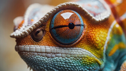 Wall Mural - Close up of colorful chameleon. Macro photo of an chameleon's eye. Amazing scene of wild animals