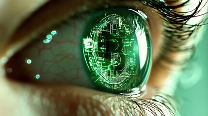 Wall Mural - Eye with Digital Bitcoin Reflection in Green Color