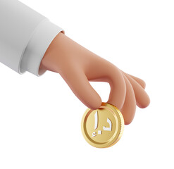 Poster - A hand holding a gold coin isolated on a white background. 3D rendering. Clean and simple concept