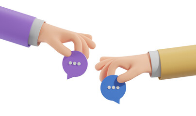 Leinwandbilder - Two cartoon hands holding purple and blue speech bubble icons with dots, isolated on white background. Concept of communication. 3D Rendering