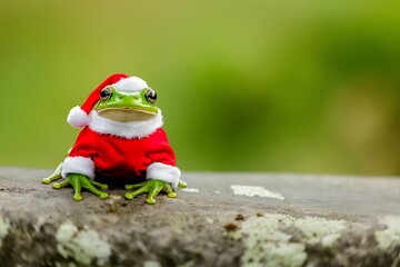 A green frog wearing a Santa hat and red suit sits on a rock.