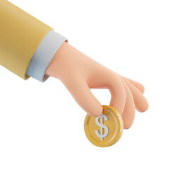 Poster - 3D rendered hand holding a gold coin with a dollar sign, isolated on white background. Concept of money, finance, and investment. 3D Rendering