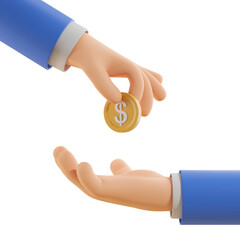 Poster - Hand giving a gold coin with a dollar sign to another hand, both wearing blue sleeves, isolated on a white background. 3D rendering