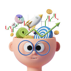 Poster - Cartoon head with glasses, open top filled with financial symbols like gears, rocket, coins, charts, and target. 3D Rendering