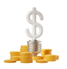 Poster - Dollar sign light bulb surrounded by stacked coins. 3D rendering. Isolated on white background. Concept of financial growth and innovation