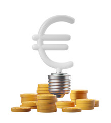 Poster - Euro symbol light bulb above stacks of golden coins, isolated on a clean white background. Concept of financial growth. 3D Rendering