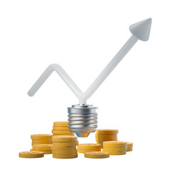 Poster - Light bulb with a rising arrow and coin stacks on a white background, symbolizing financial growth, isolated. 3D Rendering