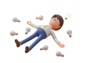 Poster - 3D rendering of a cartoon man lying surrounded by light bulbs. Isolated on white background. Concept of creativity and ideas. 3D rendering