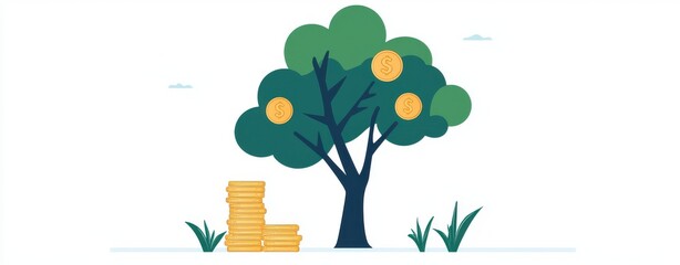 Illustration of a tree with coins, symbolizing growth and wealth, on a white background.